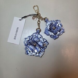 NWT Brahmin Flower Duo Charm Coastal Blue Double Key Ring Purse Fob